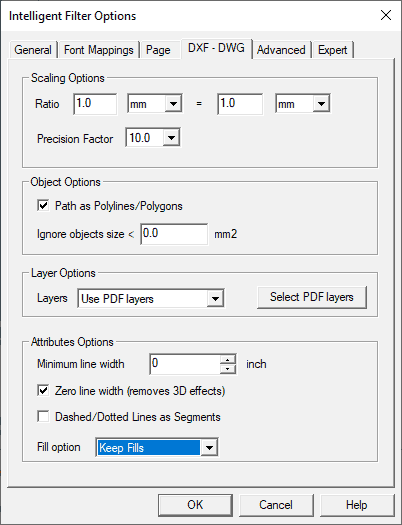 PDF to DWG DXF format specific options